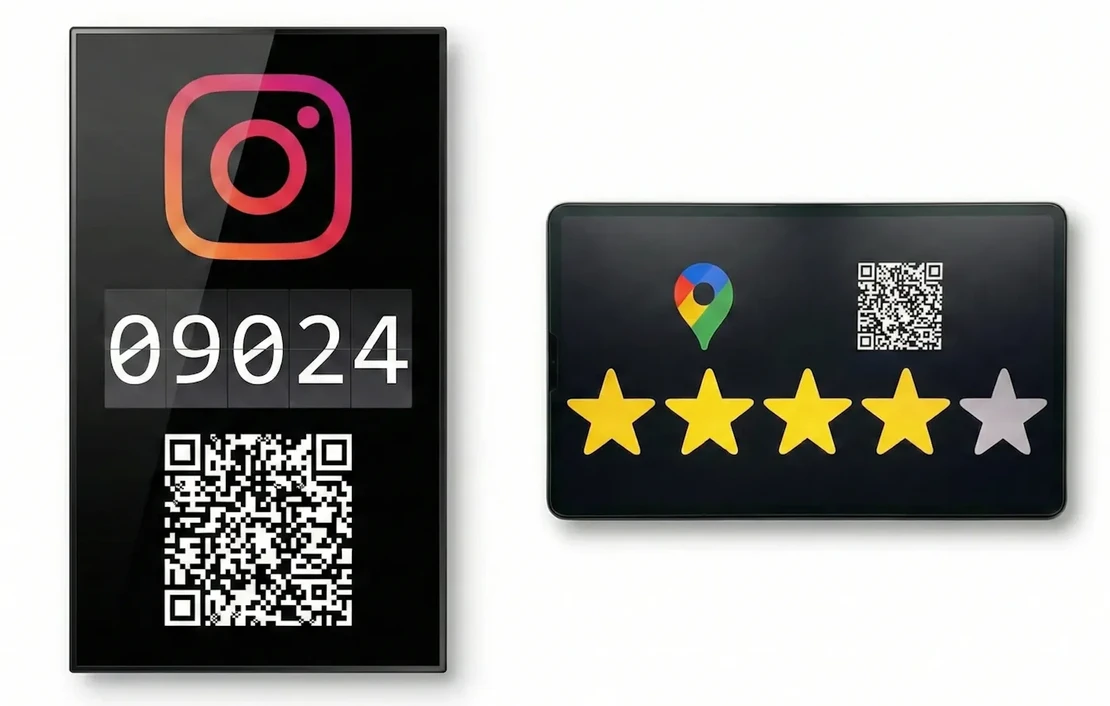 Vertical screen with an Instagram follower counter alongside a tablet showing a Google Maps review rating interface.
