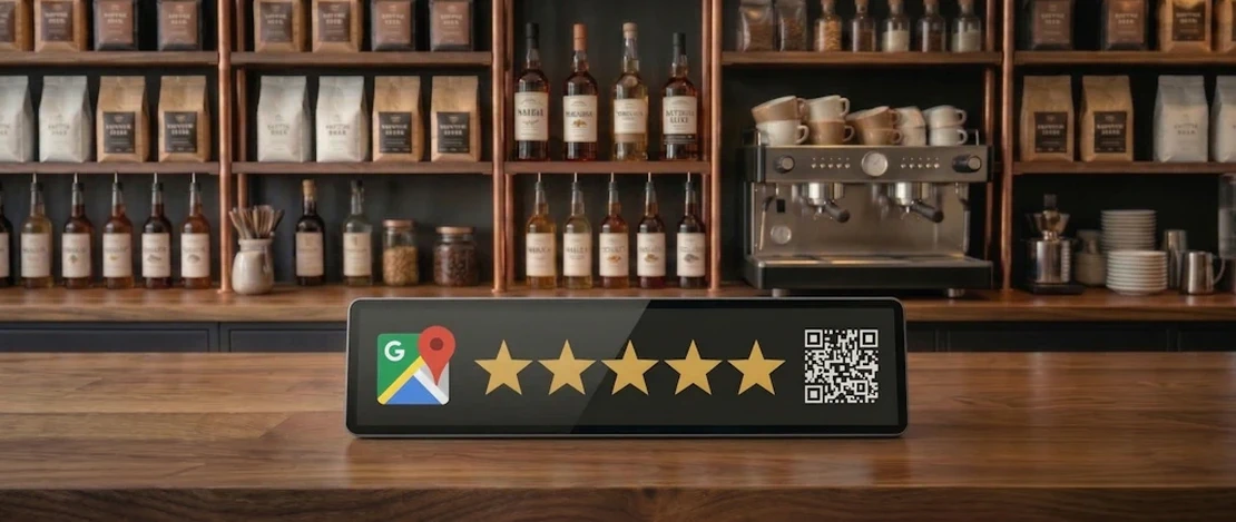 Google reviews counter display in a cafe