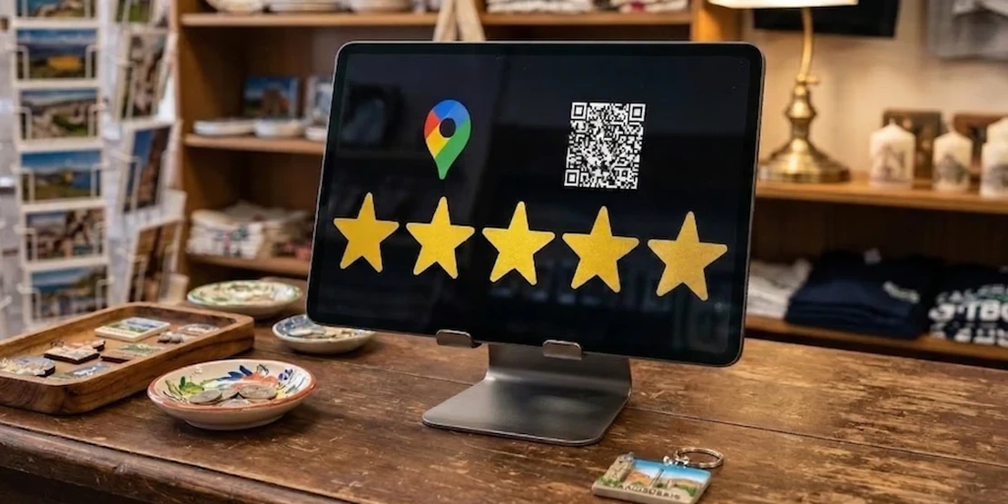 Google Maps reviews counter screen in a retail store
